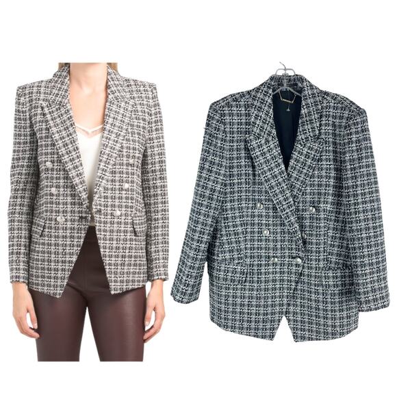 Elie Tahari Double Breasted Tweed Novelty Blazer Jacket Black White Size L - Picture 3 of 9